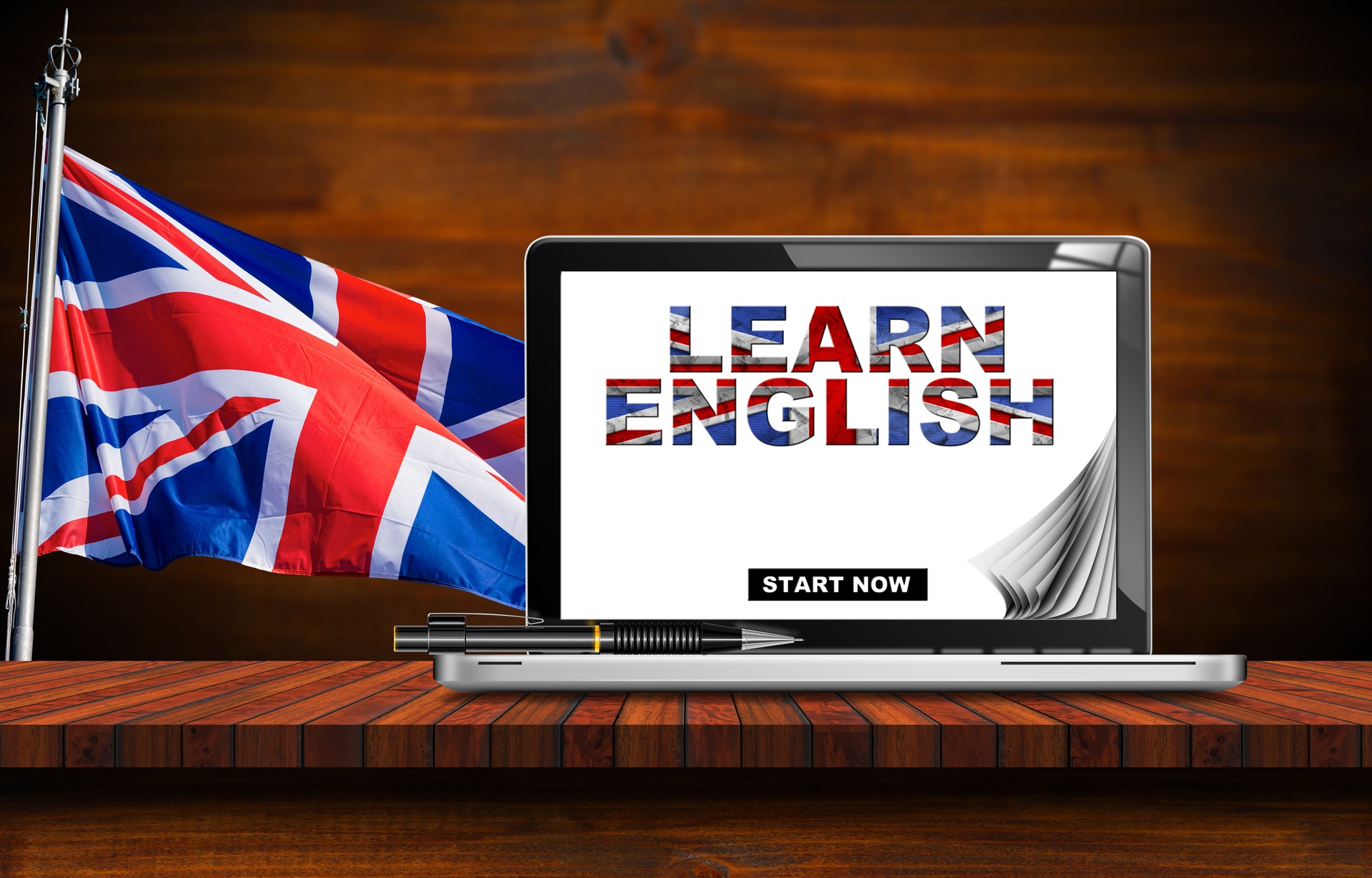 English Language Lesson - Laptop Computer with Text Learn English
