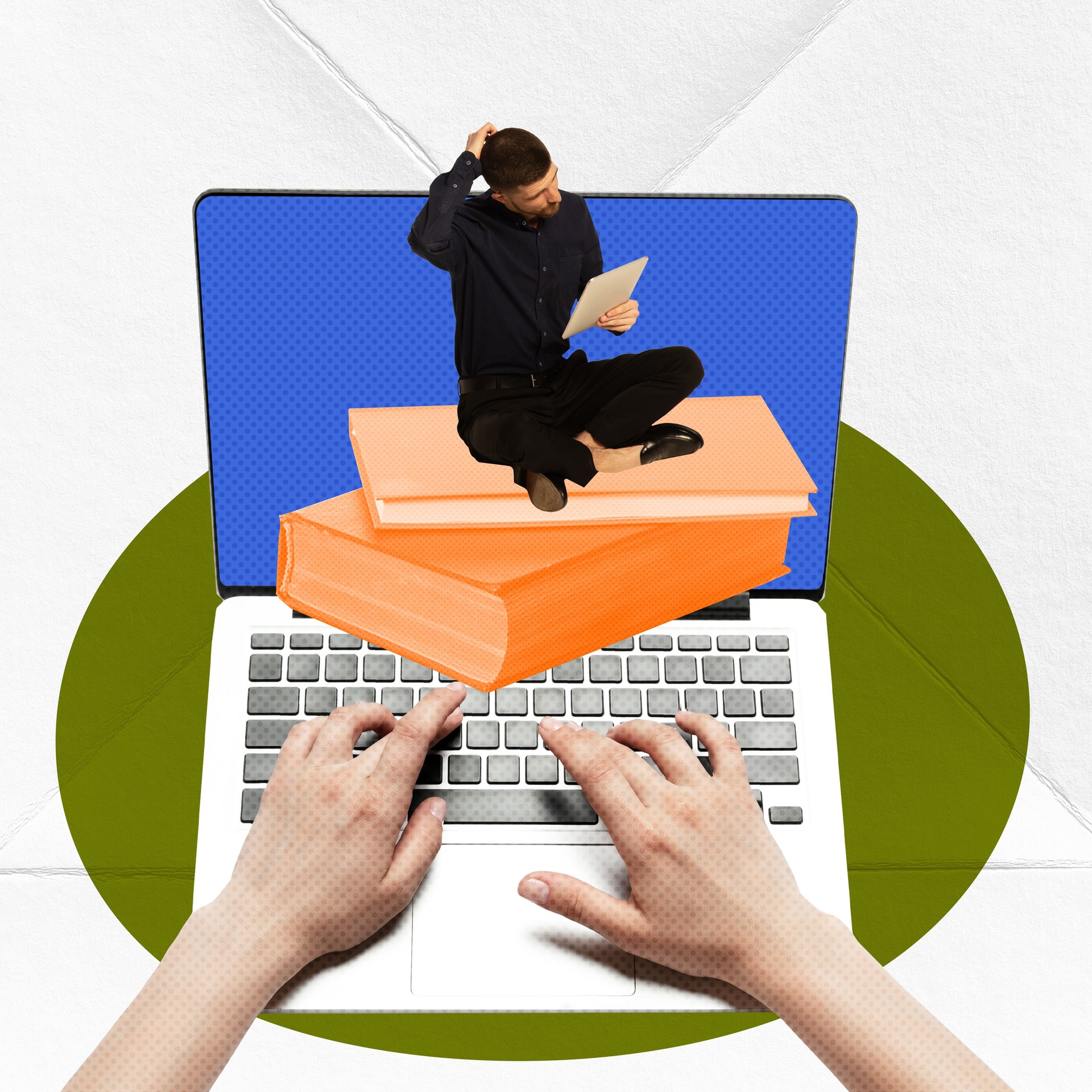 Contemporary art collage. Concentrated, thoughtful man sitting on laptop and studying. Exams preparation, learning new skills