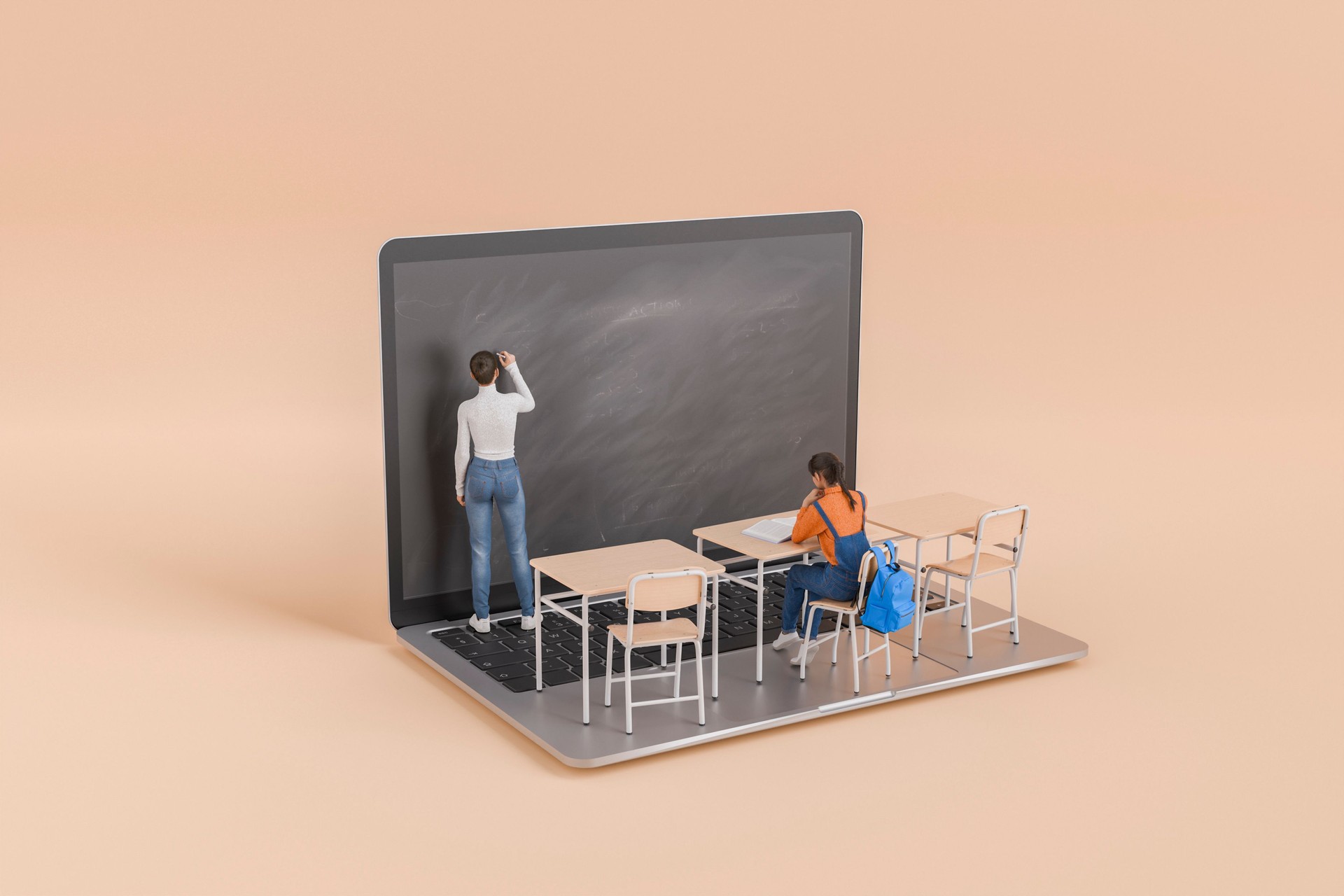 Teacher and Student in a Virtual Classroom on a Laptop Keyboard